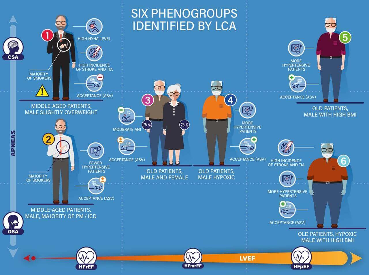 Infografik som visar de sex fenogrupperna med hjärtsviktspatienter som var registrerade i FACE-registret.